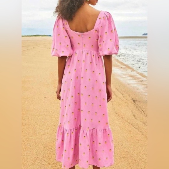 Farm Rio Pink Embroidered Pineapples Puff Sleeve Midi Linen Blend Dress, Size S - Picture 4 of 8